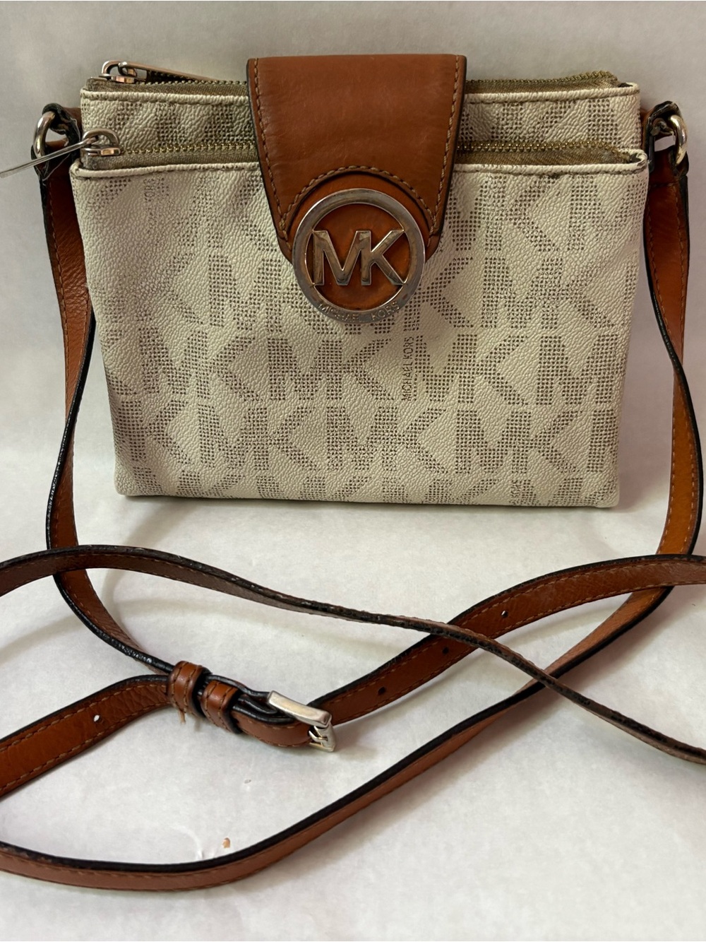 Michael Kors Beige & Brown Leather MK Crossbody purse